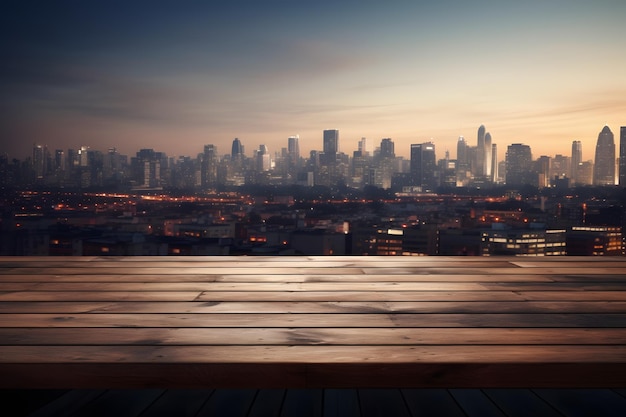 Mesa de madera desocupada frente al horizonte de la ciudad durante el anochecer IA generativa