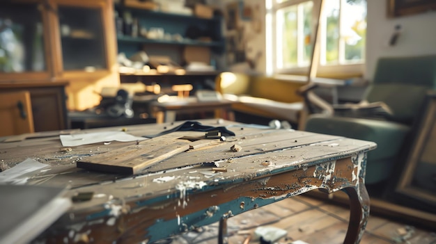 Una mesa de madera desordenada en un estudio de artistas La mesa está cubierta de pinceles y otros suministros de arte