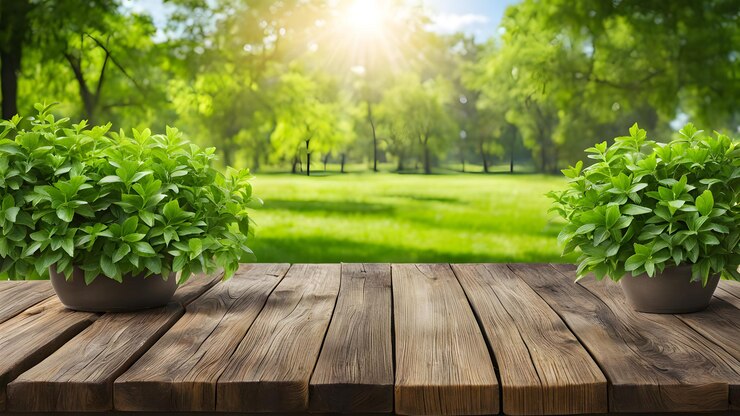 Una mesa de madera con dos plantas en maceta en ella una de las cuales es un pequeño arbusto verde