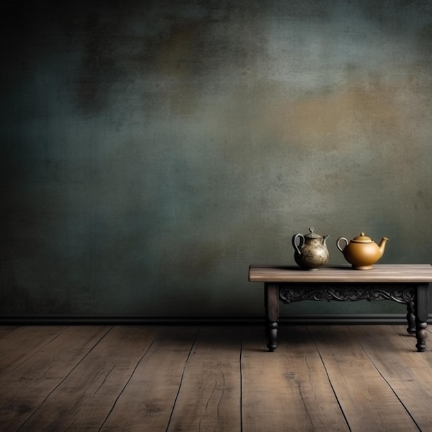 Una mesa de madera con dos teteras encima y una pared detrás.