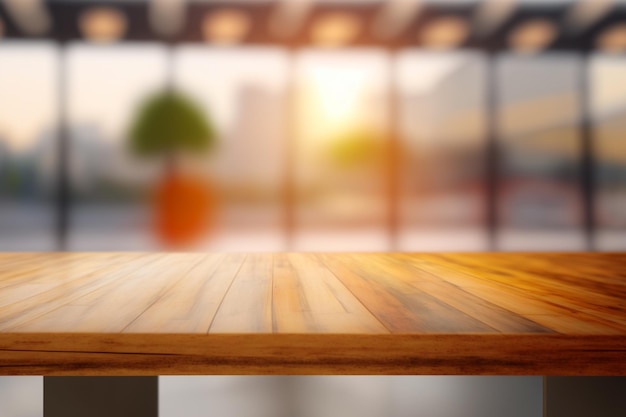 Mesa de madera en el edificio de oficinas borrosa