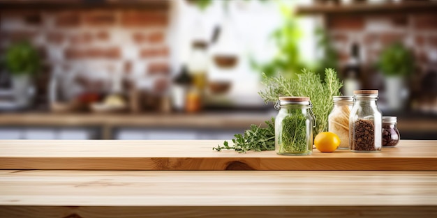 Mesa de madera enfocada con ingredientes de cocina borrosos en el fondo