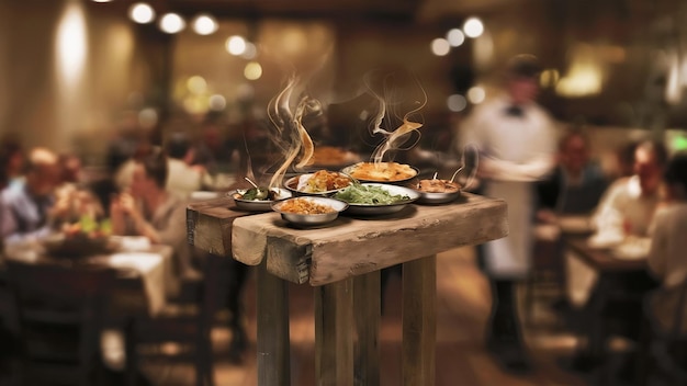 Mesa de madera con escena de restaurante borrosa