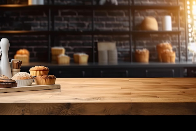 Mesa de madera con espacio de copia en blanco para una maqueta de una exhibición de producto en un restaurante moderno o cafeterías fondo difuso Concepto para un diseño interior de mostradores de restaurante