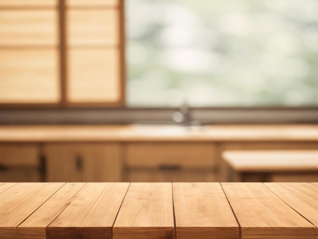 Mesa de madera de espacio libre para su decoración y fondo de cocina borroso