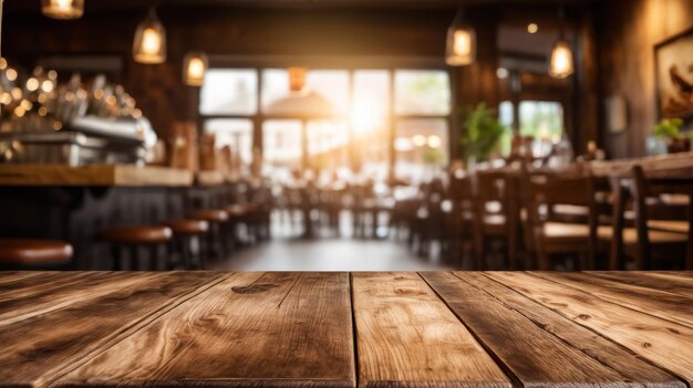 La mesa de madera está en frente del restaurante con muchas sillas y mesas adentro.