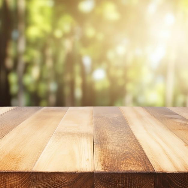 La mesa de madera está vacía con un fondo de jardín IA generativa