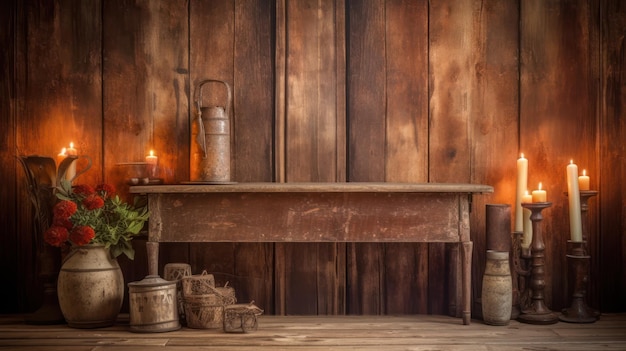 Una mesa de madera con un estante con macetas y una planta encima.