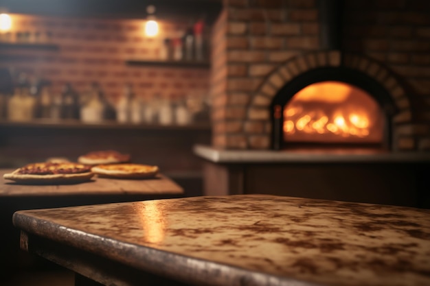 Mesa de madera para exhibición de pizza de producto horno de pizza generativa AI