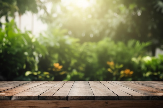 Mesa de madera para exhibición de productos con fondo floral IA generativa