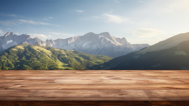 Mesa de madera para exhibición de productos con fondo de montañas IA generativa