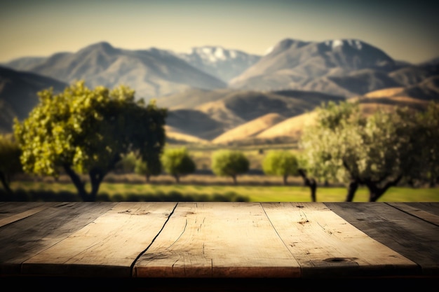 Mesa de madera para exhibición de productos en jardín de frutas IA generativa