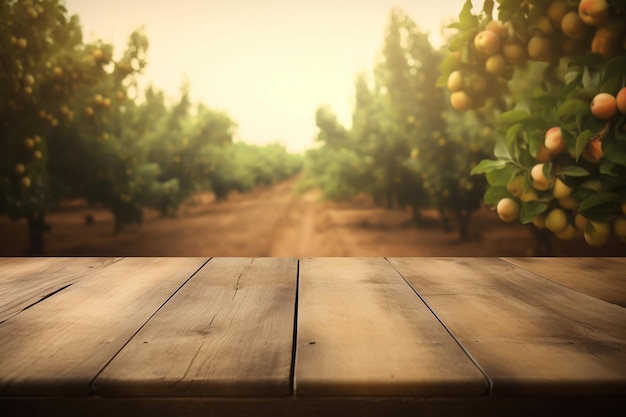 Mesa de madera para exhibición de productos en jardín de manzanas IA generativa