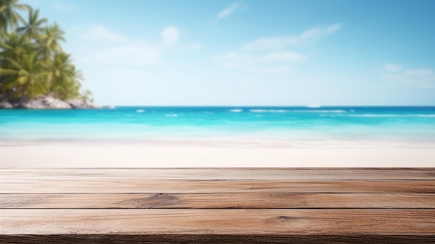 Mesa de madera para exhibir productos sobre un fondo de playa con espacio vacío para texto