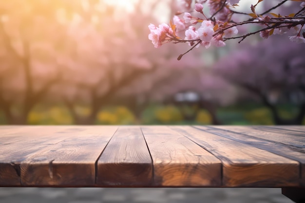 Una mesa de madera con una flor rosa al fondo.
