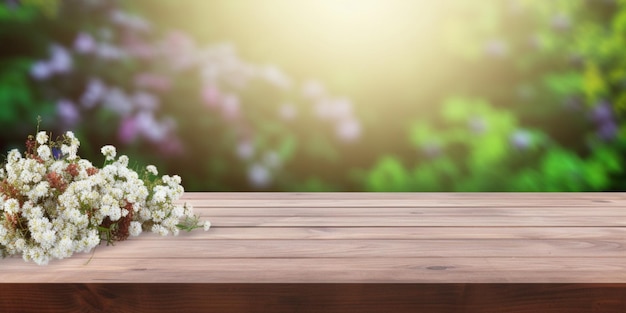 Una mesa de madera con flores blancas encima