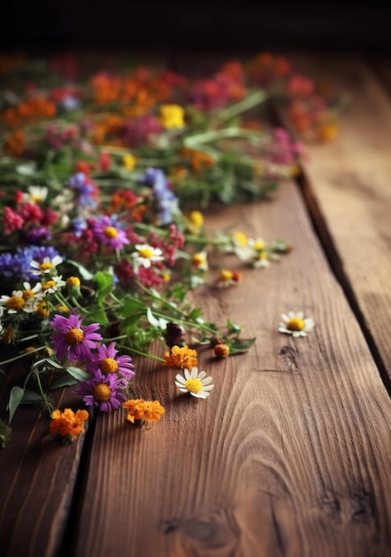 Una mesa de madera con flores encima