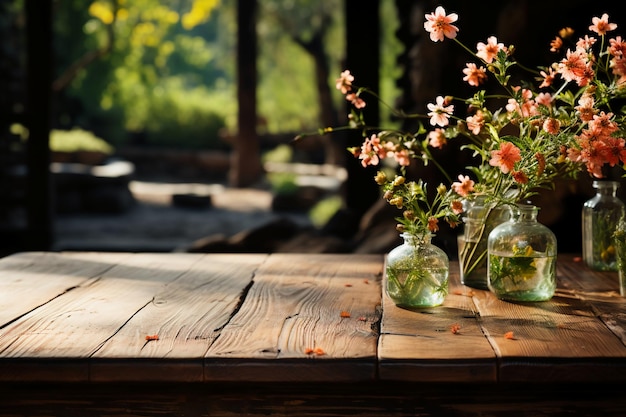 Una mesa de madera con flores de primavera y hierba verde IA generativa