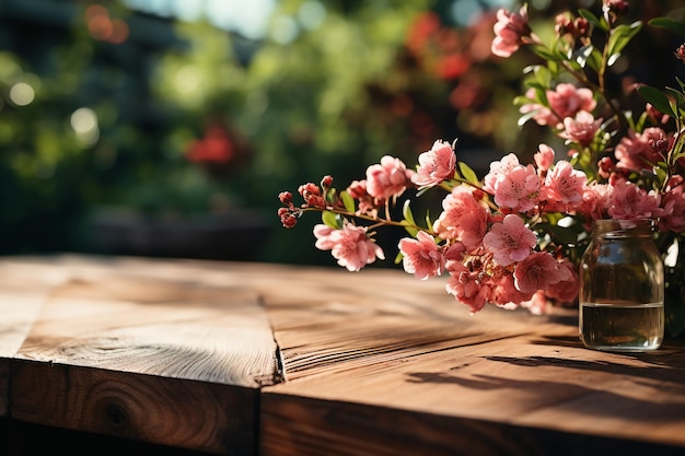 Una mesa de madera con flores de primavera y hierba verde IA generativa