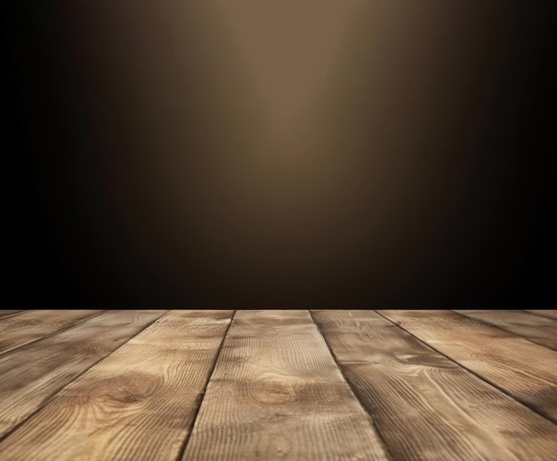 Foto mesa de madera con focos sobre fondo oscuro para exhibición de productos