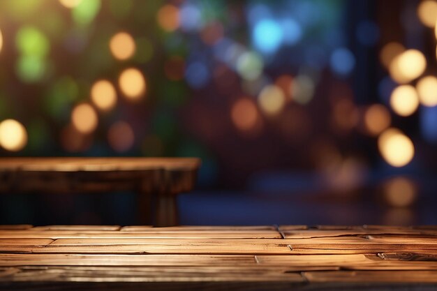 Mesa de madera en un fondo abstracto de bokeh marrón borroso