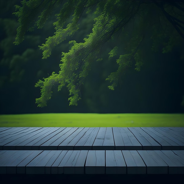 mesa de madera y fondo de árbol verde