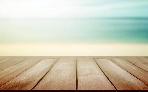 Una mesa de madera con un fondo azul y verde y el mar de fondo.