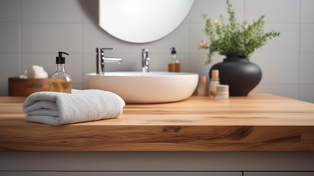 Mesa de madera con fondo de baño borroso