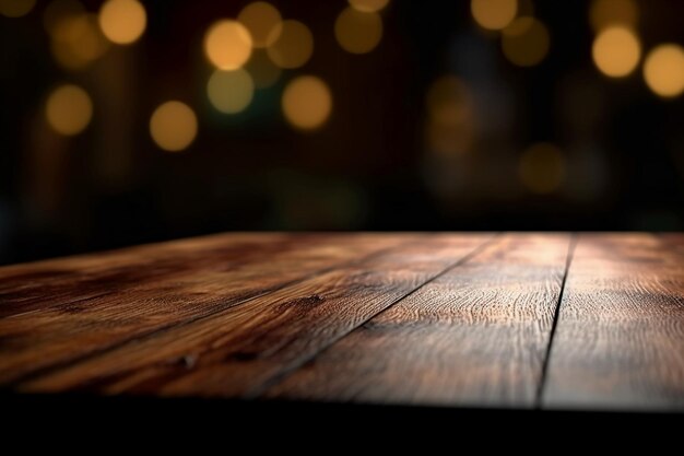 Una mesa de madera con un fondo bokeh.
