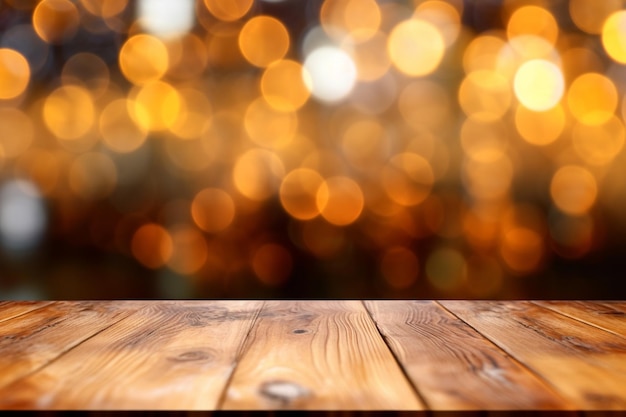 Una mesa de madera con un fondo bokeh.