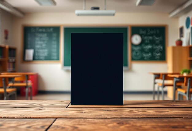 Mesa de madera con fondo borroso en el aula