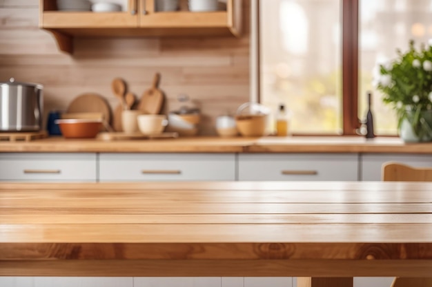 Mesa de madera en un fondo borroso de banco de cocina Mesa de madera vacía y fondo borroso de cocina