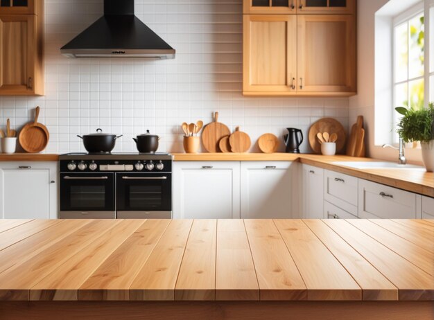 Mesa de madera en fondo borroso del banco de la cocina Mesa de madera vacía y fondo borroso de la cocina