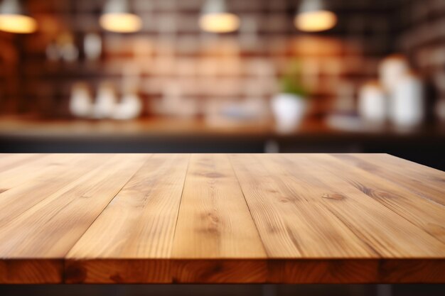 mesa de madera en el fondo borroso del banco de la cocina