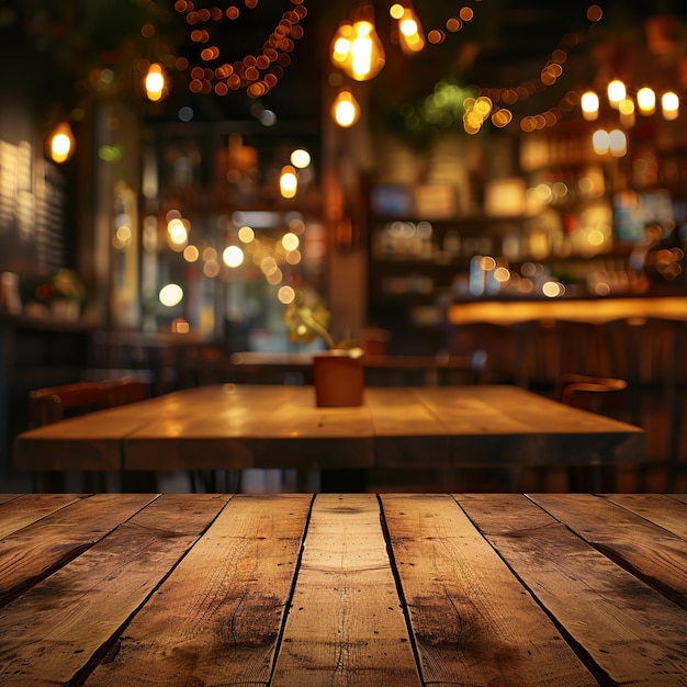 Mesa de madera en el fondo borroso de una cafetería