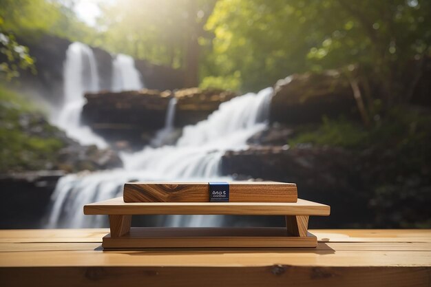 Mesa de madera con un fondo borroso de una cascada