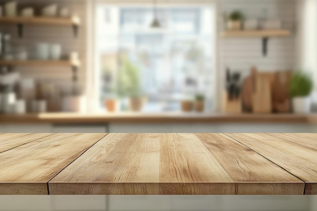 Mesa de madera con un fondo borroso de una cocina con estantes una ventana y un fregadero