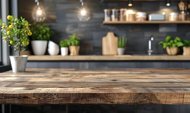 Mesa de madera en el fondo borroso de la cocina Moderno Interior de la cocina contemporáneo