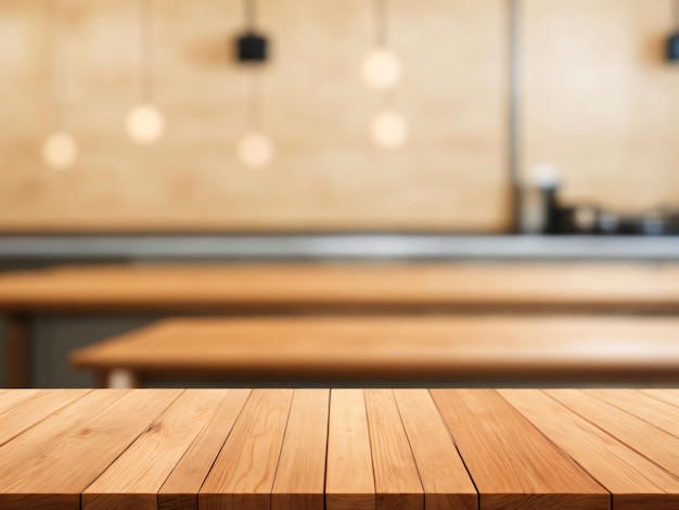 Mesa de madera en el fondo borroso de la cocina