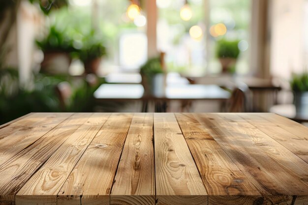 Foto mesa de madera con fondo borroso creada con ia generativa