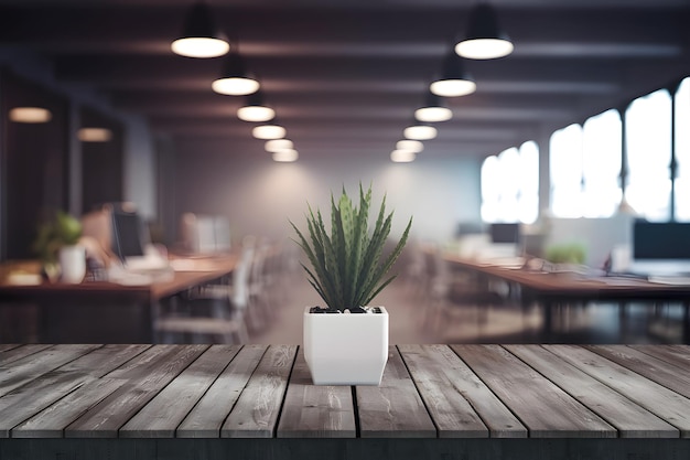 Foto mesa de madera con fondo borroso del espacio interior de la oficina que representa el ambiente del espacio de trabajo