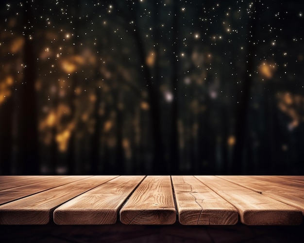 mesa de madera con fondo borroso y estrellas en el cielo generativo ai