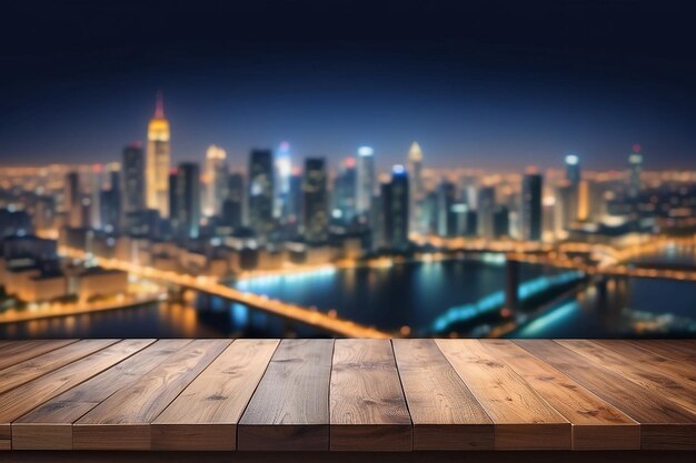 Mesa de madera con un fondo borroso del paisaje urbano