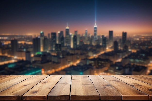 Mesa de madera con un fondo borroso del paisaje urbano