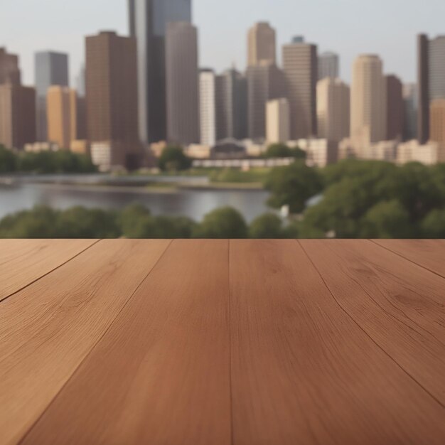 Foto mesa de madera con fondo borroso del parque de la ciudad generado por ia