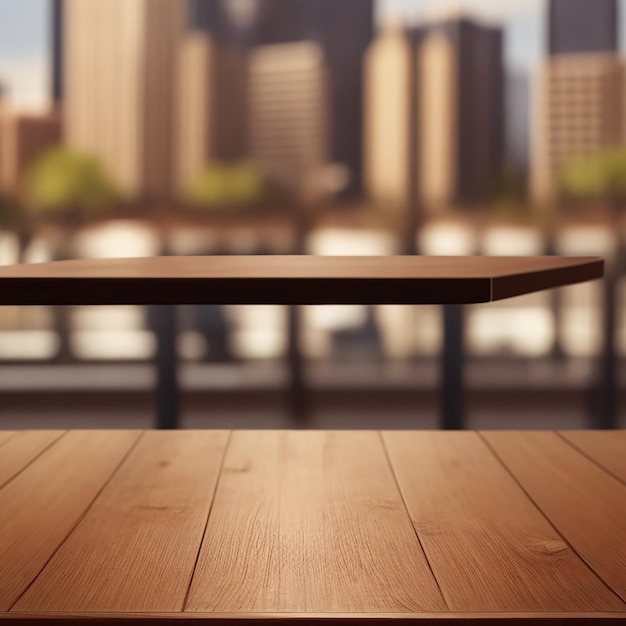 Mesa de madera con fondo borroso del parque de la ciudad generado por IA