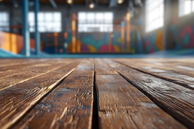 Mesa de madera con fondo borroso del parque de trampolines