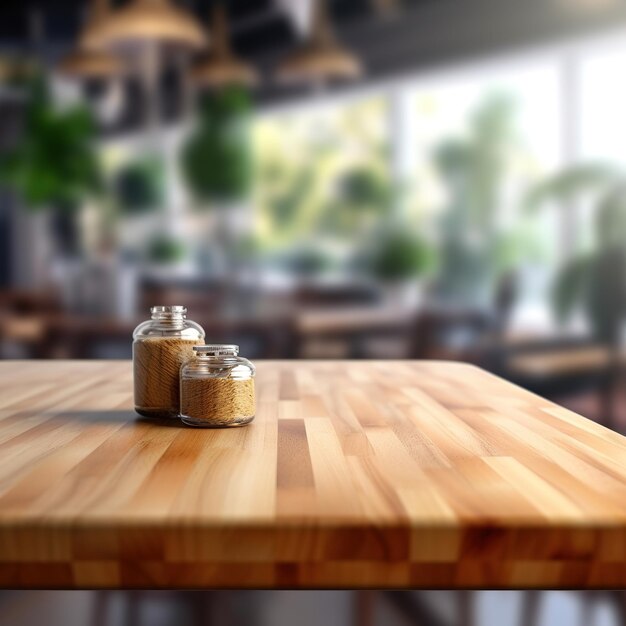 mesa de madera con fondo borroso del restaurante