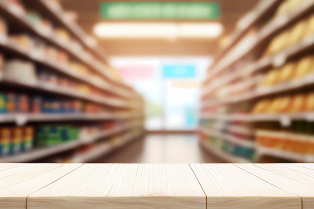 Mesa de madera con fondo borroso de una tienda de supermercado Diseño generativo de IA