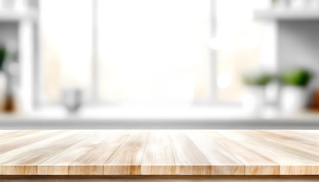 Foto mesa de madera en el fondo borroso de la ventana de la cocina expuesta a una mañana borrosa